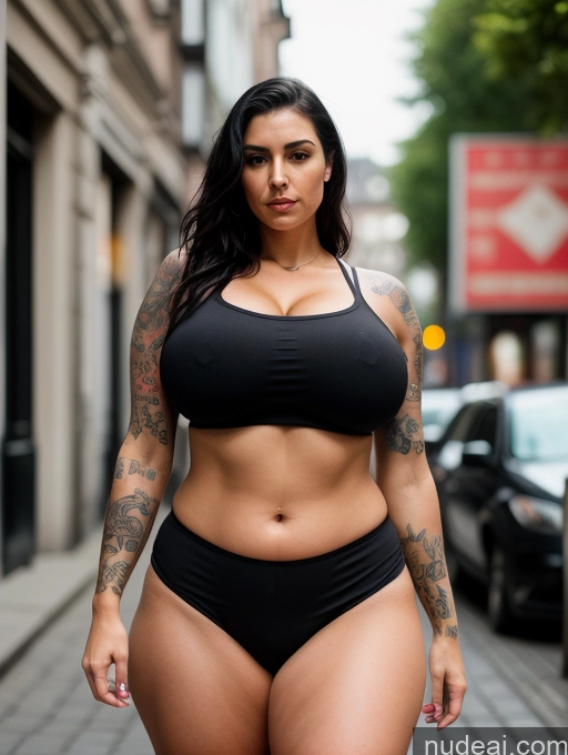 ai nude image of arafed woman in a black bikini walking down a street pics of Busty Huge Boobs Tattoos Big Ass Skinny Big Hips Short Pubic Hair 50s Serious Black Hair Slicked German Street High Socks