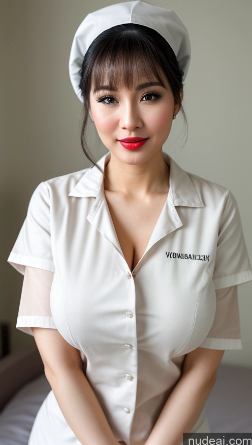 ai nude image of arafed woman in a white uniform posing for a picture pics of Woman One Huge Boobs Beautiful Lipstick Fairer Skin 30s Black Hair Close-up View Detailed Vietnamese Bangs Nurse