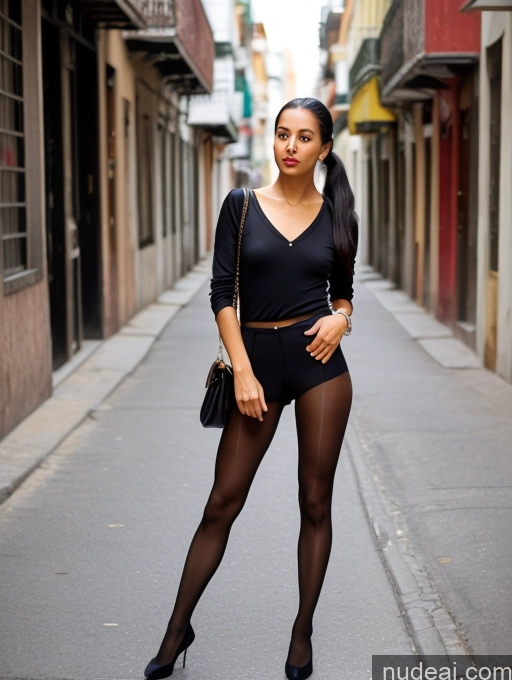 ai nude image of araffe woman in black outfit posing on a city street pics of Black Hair Ponytail Front View 30s Skinny Pantyhose Reverse Upright Straddle, Breasts, Penis, Pussy, Sex Brazilian 60s Street