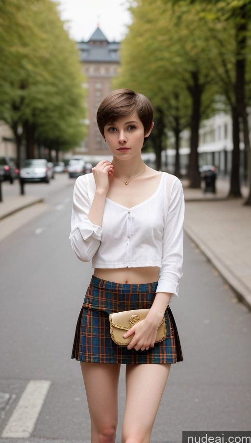 ai nude image of there is a woman standing on the street with a purse pics of Small Tits Beautiful Small Ass Skinny Fairer Skin 18 Brunette Short Hair Russian Detailed Street Kilt