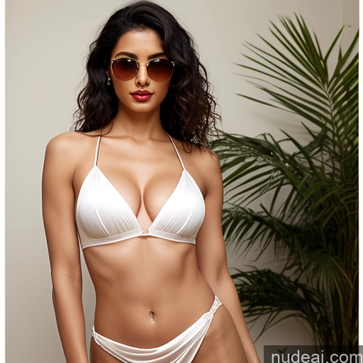 ai nude image of araffe woman in a white bikini posing for a picture pics of Woman One Small Tits Sunglasses Lipstick Small Ass Abs Tall Curly Hair Fairer Skin 20s Seductive Black Hair Indian Front View Sari Cleavage