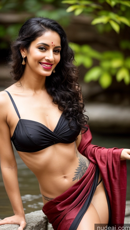 ai nude image of arafed woman in a black bikini and red sarong posing in a river pics of Woman One Small Tits Sunglasses Tattoos Lipstick Small Ass Abs Tall Pubic Hair Curly Hair Fairer Skin 20s Happy Black Hair Indian Front View Sari