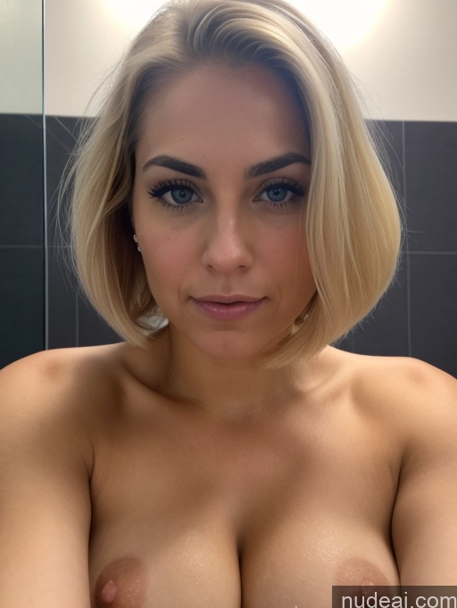 ai nude image of arafed woman with a very big breast posing in a bathroom pics of Close-up View Bending Over Pubic Hair Busty Sad Serious Laughing Seductive Shocked Sexy Face Blonde Bobcut Bathroom Sorority White 30s