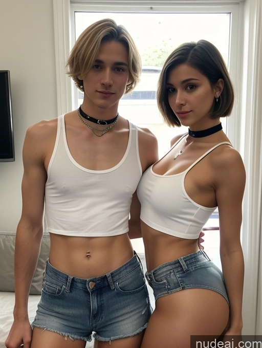 ai nude image of there are two young people posing for a picture in a room pics of Woman + Man Small Tits Beautiful Skinny Small Ass 18 Blonde Short Hair Seductive Serious German Party Daisy Dukes Choker Tank Top