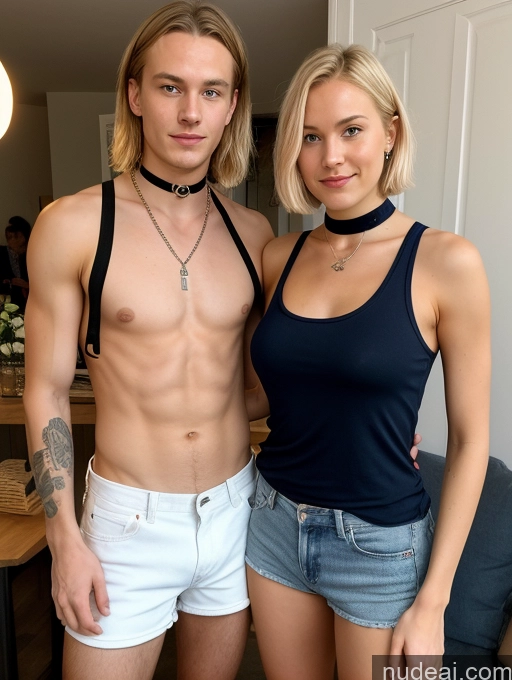 ai nude image of blond haired man and woman posing for a picture in a living room pics of Woman + Man Small Tits Skinny Small Ass 18 Blonde Short Hair Seductive Party Daisy Dukes Choker Tank Top Scandinavian