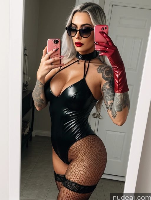 ai nude image of there is a woman in a black bodysuit taking a selfie pics of Woman One Perfect Boobs Sunglasses Tattoos Perfect Body Thick 30s Pouting Lips White Hair Braided Mirror Selfie Bathroom Front View Nude Vampire Fishnet Devil Choker Gloves Bright Lighting Detailed