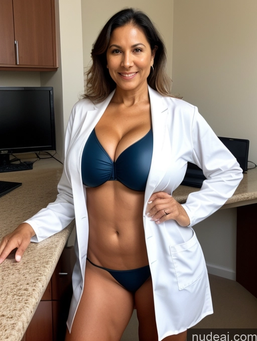 ai nude image of woman in a lab coat posing for a picture in a kitchen pics of Milf 70s One Busty Huge Boobs Tanned Skin Brazilian Front View Lab Coat Microkini Professor Thong