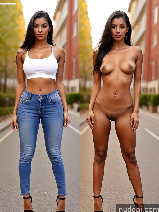 ai nude image of two women in jeans and heels posing naked on the street pics of 18 Ethiopian Small Tits Lipstick Small Ass Skinny Abs Thick Perfect Body Tanned Skin Black Hair Slicked High Heels Jeans Onoff Casual