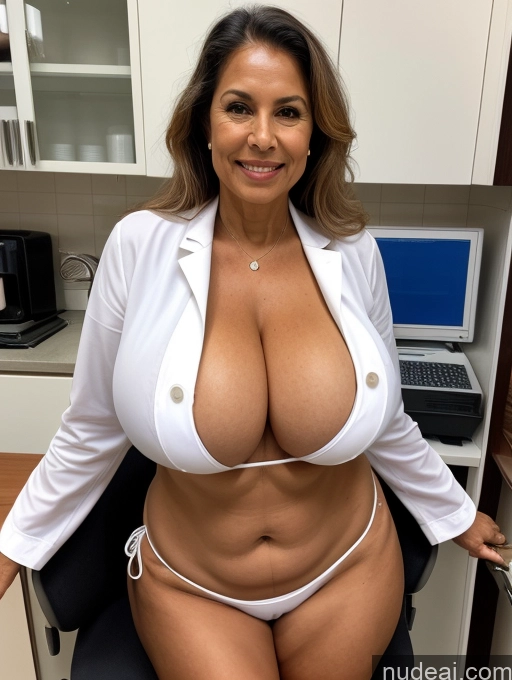 ai nude image of arafed woman in a white shirt and white panties posing for a picture pics of Milf 70s One Busty Huge Boobs Tanned Skin Front View Microkini Thong Lab Coat Professor Brazilian