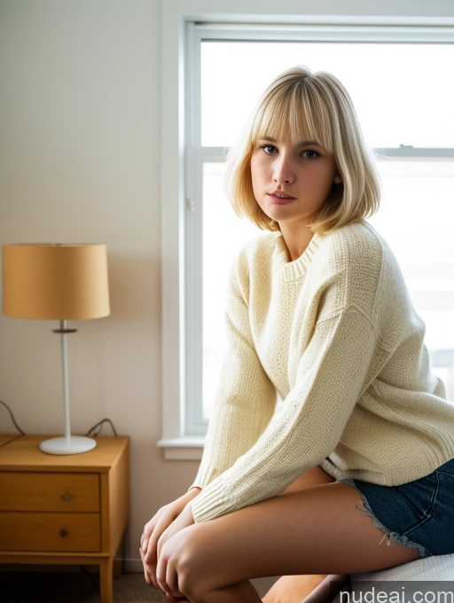 ai nude image of blond woman sitting on bed in front of window with light on pics of Sorority One Small Tits Small Ass Short Pubic Hair Fairer Skin 18 Shocked Blonde Bobcut Swedish Bedroom Front View Squatting 80s Sweater Bright Lighting