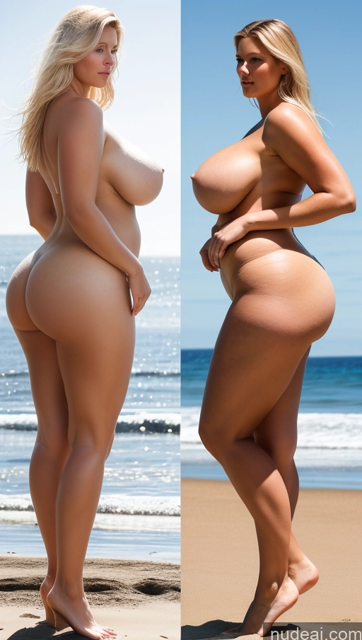 ai nude image of two pictures of a woman with big breasts standing on a beach pics of Huge Boobs Big Ass Thick Scandinavian Bright Lighting Chubby White Hair Beautiful Long Legs Perfect Body Tanned Skin Nude Big Hips Woman Beach Soft + Warm Perfect Boobs Abs Slicked Side View