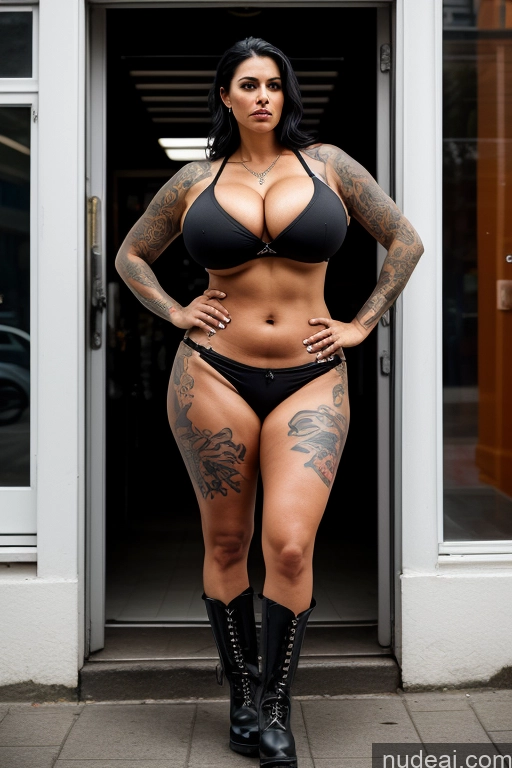 ai nude image of arafed woman in a black bikini and boots standing in front of a door pics of Busty Huge Boobs Tattoos Big Ass Skinny Big Hips Short Pubic Hair 50s Serious Black Hair Slicked German Street Boots