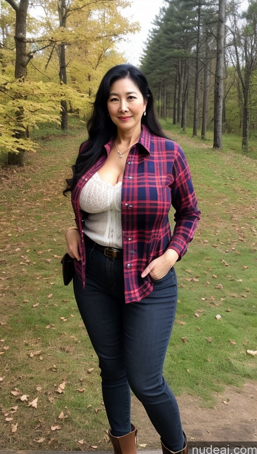 ai nude image of arafed woman in a plaid shirt and jeans posing for a picture pics of Milf Busty Big Ass Big Hips Pubic Hair Fairer Skin 60s Korean Black Hair Lumberjack