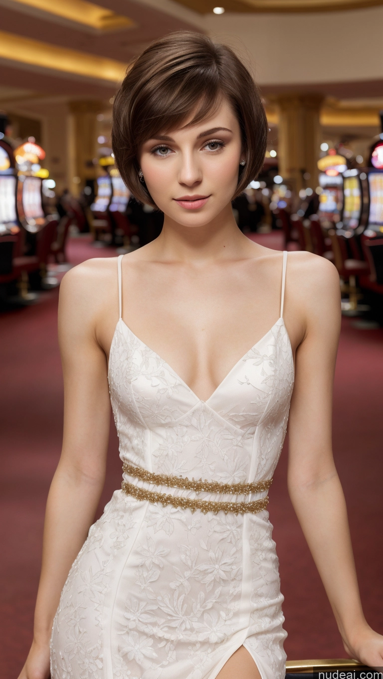 ai nude image of arafed woman in a white dress posing in a casino pics of Small Tits Beautiful Skinny Small Ass Fairer Skin 18 Brunette Short Hair Russian Haute Couture V3 Detailed Casino Dress