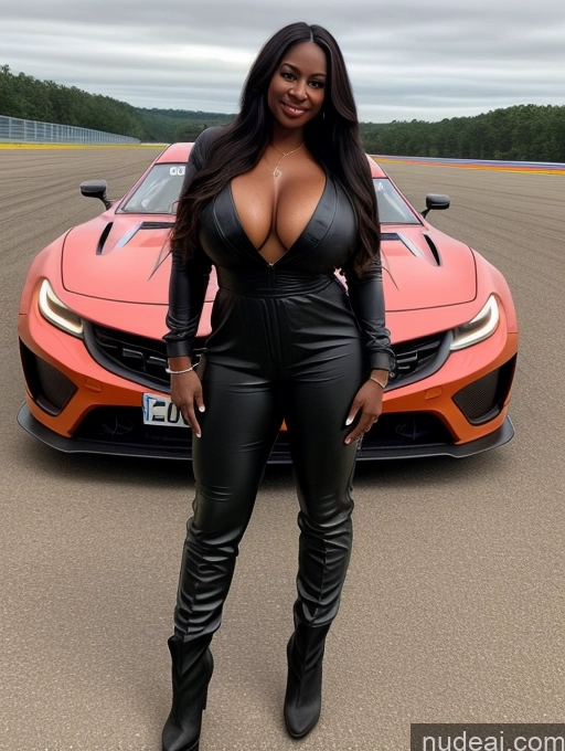 ai nude image of a woman in a black leather outfit standing next to a red sports car pics of Busty Perfect Boobs Beautiful Perfect Body Dark Skin 40s Long Hair Soft + Warm Front View Boots Jumpsuit Race Driver