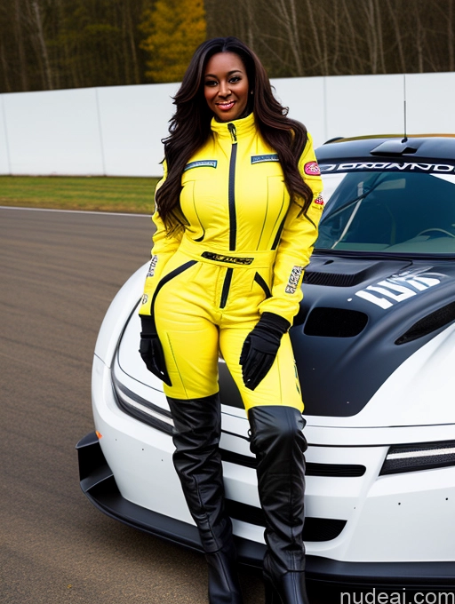 ai nude image of arafed woman in yellow and black outfit standing next to a white sports car pics of Busty Perfect Boobs Beautiful Perfect Body Dark Skin 40s Long Hair Soft + Warm Front View Boots Jumpsuit Race Driver Jacket