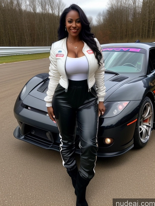 ai nude image of araffe posing in front of a sports car on a track pics of Busty Perfect Boobs Beautiful Perfect Body Dark Skin 40s Long Hair Soft + Warm Front View Boots Jumpsuit Race Driver Jacket