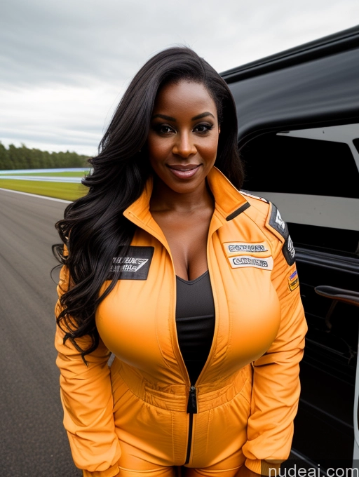 ai nude image of arafed woman in an orange jacket standing next to a truck pics of Busty Perfect Boobs Beautiful Perfect Body Dark Skin 40s Long Hair Soft + Warm Front View Boots Jumpsuit Race Driver Jacket