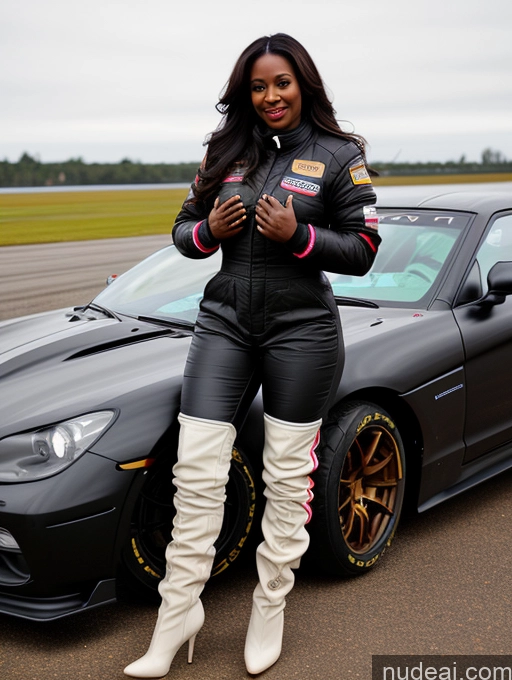 ai nude image of araffe posing in front of a sports car on a track pics of Busty Perfect Boobs Beautiful Perfect Body Dark Skin 40s Long Hair Soft + Warm Front View Boots Jumpsuit Race Driver Jacket