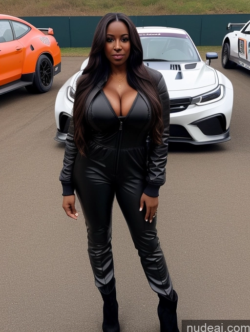 ai nude image of araffe woman in black leather outfit standing in front of a white car pics of Busty Perfect Boobs Beautiful Perfect Body Dark Skin 40s Long Hair Soft + Warm Front View Boots Jumpsuit Race Driver Jacket