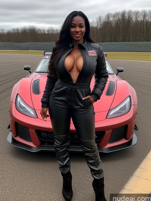 related ai porn images free for Busty Perfect Boobs Beautiful Perfect Body Dark Skin 40s Long Hair Soft + Warm Front View Boots Jumpsuit Race Driver Jacket