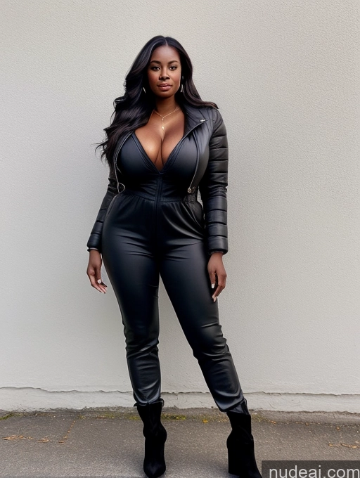 ai nude image of a woman in a black leather jumpsuit posing for a picture pics of Busty Perfect Boobs Beautiful Perfect Body Dark Skin 40s Long Hair Soft + Warm Front View Boots Jumpsuit Jacket