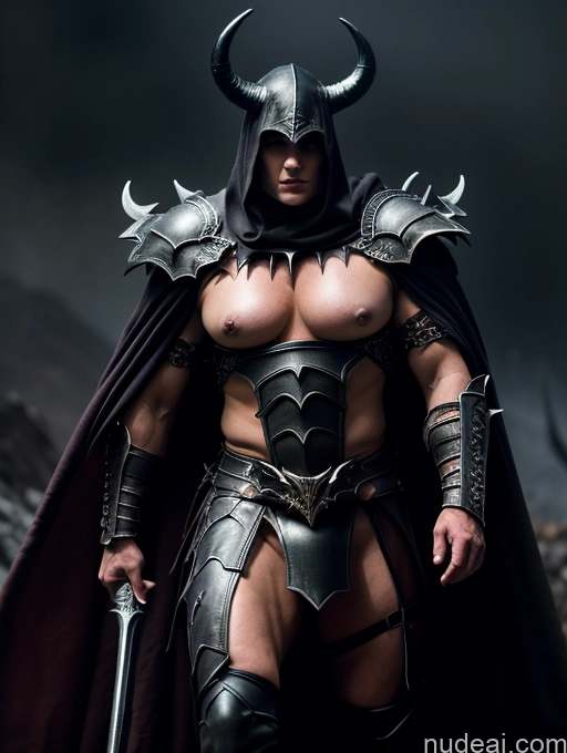 ai nude image of arafed male in armor with a sword and a horned head pics of Sorority Several Huge Boobs Muscular Big Ass Abs Fat Long Legs Fairer Skin 50s Ginger Nude Fantasy Armor Dark Lighting Detailed Sexy Face Death Knight Hell