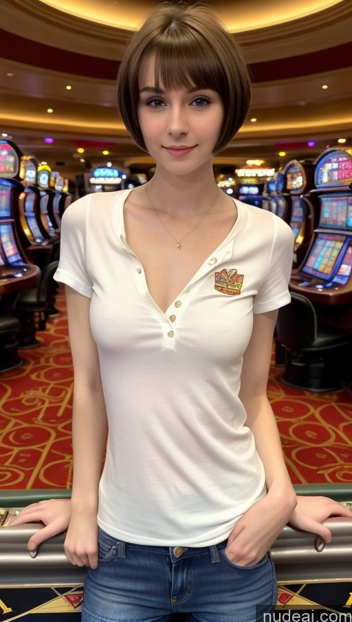 ai nude image of arafed woman in a white shirt and jeans posing for a picture pics of Small Tits Beautiful Skinny Small Ass Fairer Skin 18 Brunette Short Hair Russian Detailed Casino Jeans Shirt