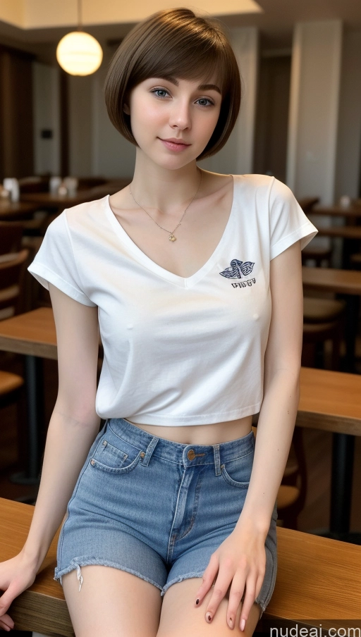 ai nude image of arafed woman sitting on a bench in a cafeteria with a white shirt pics of Small Tits Beautiful Skinny Small Ass Fairer Skin 18 Brunette Short Hair Russian Shirt Jeans Detailed Restaurant