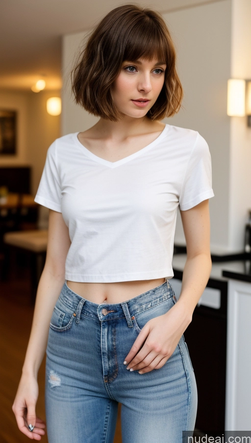 ai nude image of arafed woman in a white shirt and jeans posing for a picture pics of Small Tits Beautiful Skinny Small Ass Fairer Skin 18 Brunette Short Hair Russian Shirt Jeans Detailed Party