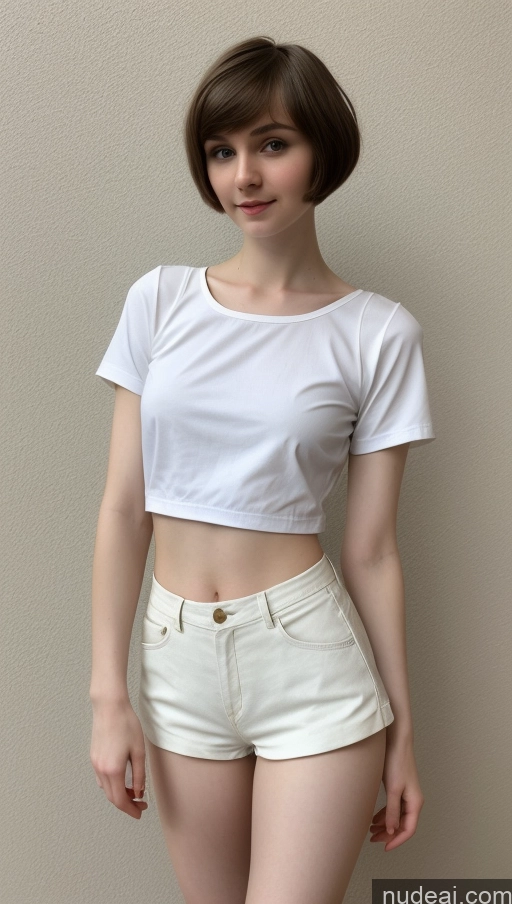 ai nude image of arafed woman in white shirt and white shorts posing for a picture pics of Small Tits Beautiful Skinny Small Ass Fairer Skin 18 Brunette Short Hair Russian Short Shorts Blouse Detailed