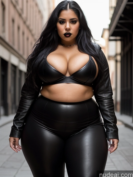 ai nude image of araffe woman in black leather pants and a black top pics of Perfect Boobs Big Ass Fat 20s Serious Black Hair Long Hair Latina Street Leather Goth Yoga Pants Dark Fantasy Front View