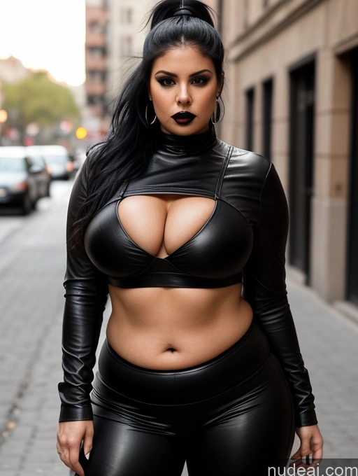 ai nude image of araffe woman in a black leather outfit posing for a picture pics of Perfect Boobs Big Ass Fat 20s Serious Black Hair Latina Street Leather Yoga Pants Dark Fantasy Ponytail Goth