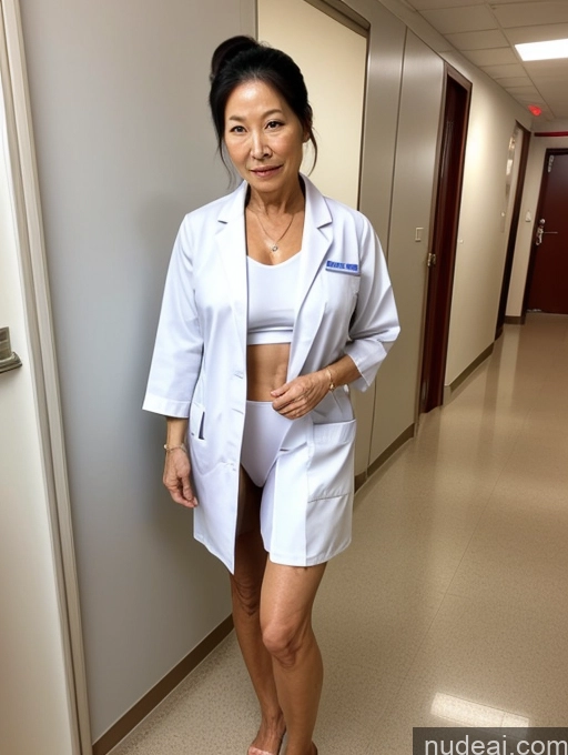 ai nude image of arafed woman in a white lab coat and shorts standing in a hallway pics of Milf Two Perfect Boobs Perfect Body 70s Ponytail Chinese Hospital Doctor Lab Coat Partially Nude Detailed Sexy Face Spreading Legs