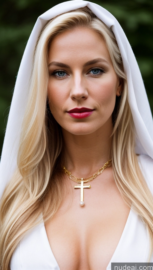 ai nude image of blond woman with a cross necklace and a white robe pics of Perfect Boobs Pubic Hair Perfect Body 30s Blonde Long Hair Gold Jewelry Pearl Jewelry Scandinavian Lipstick Serious Nun