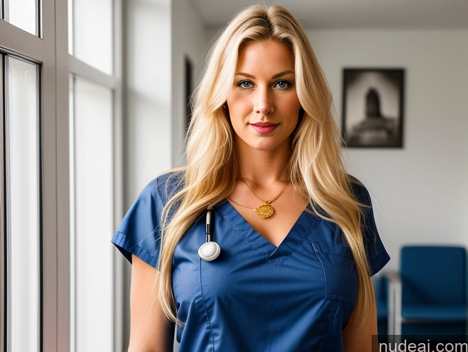 ai nude image of blond woman in blue scrub suit standing in a hospital hallway pics of Perfect Boobs Pubic Hair Perfect Body 30s Blonde Long Hair Gold Jewelry Pearl Jewelry Scandinavian Lipstick Serious Nurse Cleavage Hospital