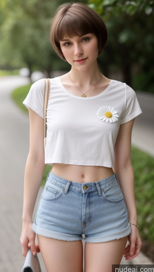 ai nude image of arafed woman in a white shirt and denim shorts holding a skateboard pics of Small Tits Beautiful Skinny Small Ass Fairer Skin 18 Brunette Short Hair Russian Daisy Dukes Detailed Shirt