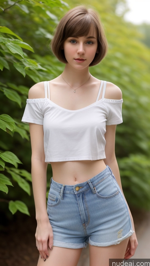 ai nude image of arafed woman in white top and denim shorts posing for a picture pics of Small Tits Beautiful Skinny Small Ass Fairer Skin 18 Brunette Short Hair Russian Daisy Dukes Detailed Shirt