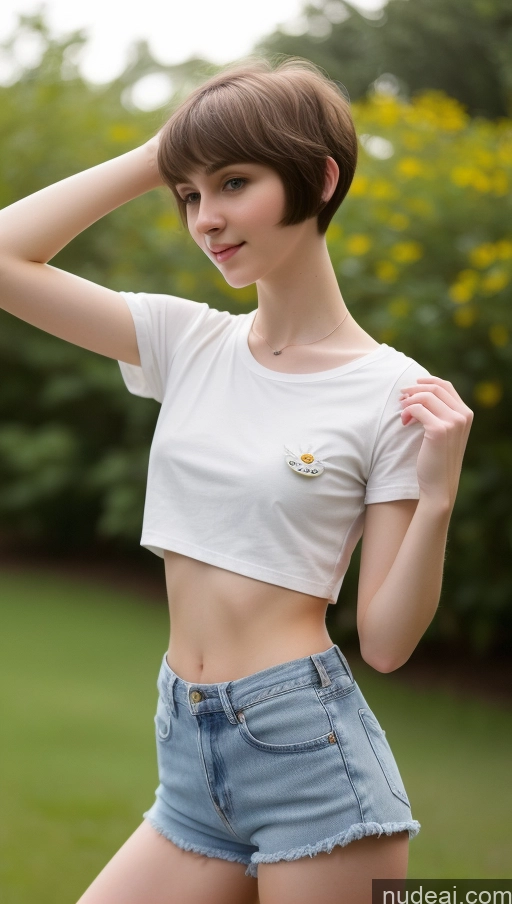 ai nude image of arafed woman in a white shirt and denim shorts posing for a picture pics of Small Tits Beautiful Skinny Small Ass Fairer Skin 18 Brunette Short Hair Russian Daisy Dukes Detailed Shirt