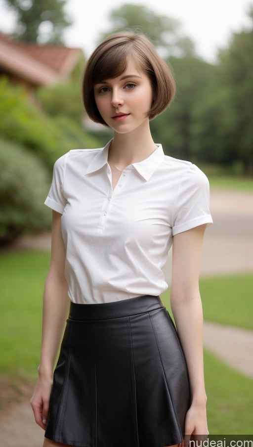 ai nude image of arafed woman in a white shirt and black skirt posing for a picture pics of Small Tits Beautiful Skinny Small Ass Fairer Skin 18 Brunette Short Hair Russian Detailed Shirt Micro Skirt