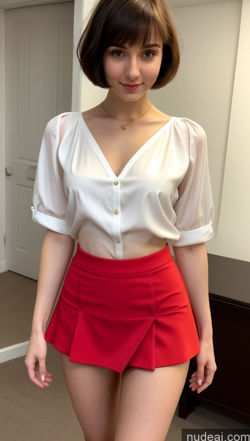 ai nude image of arafed woman in a white shirt and red skirt posing for a picture pics of Small Tits Beautiful Small Ass Skinny Short Hair Fairer Skin 18 Brunette Russian Party Blouse Mini Skirt Detailed