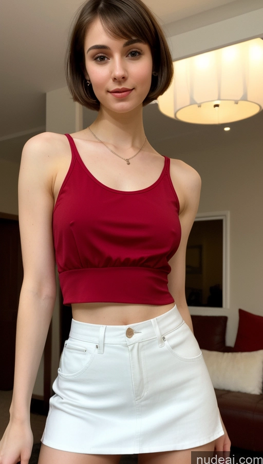 ai nude image of arafed woman in a red top and white skirt posing for a picture pics of Small Tits Beautiful Small Ass Skinny Short Hair Fairer Skin 18 Brunette Russian Party Blouse Mini Skirt Detailed Tank Top