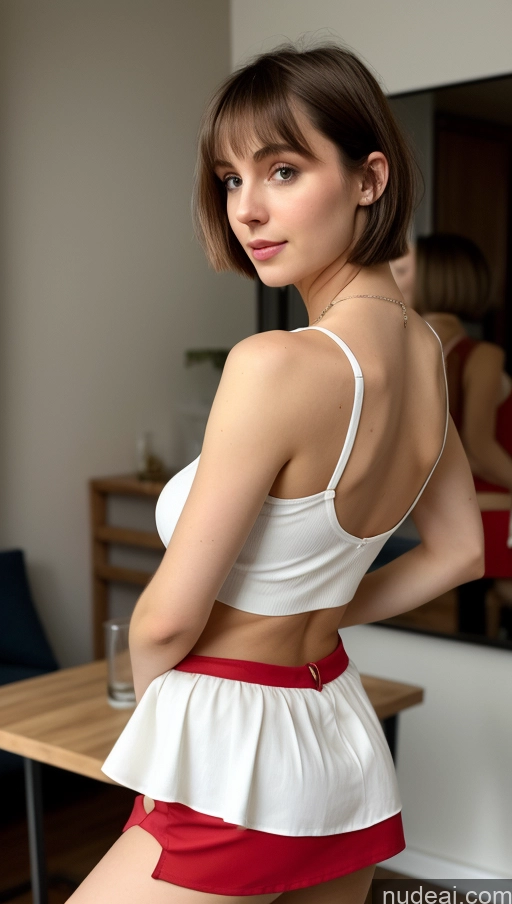 ai nude image of there is a woman in a white top and red shorts posing pics of Small Tits Beautiful Small Ass Skinny Short Hair Fairer Skin 18 Brunette Russian Party Blouse Mini Skirt Detailed Tank Top