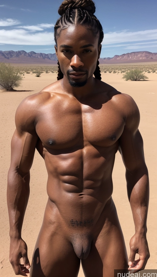 ai nude image of arafed man with a shaved face and no shirt standing in the desert pics of Bodybuilder Muscular Perfect Body Dark Skin Small Tits Small Ass One Soft + Warm Nude Thick Pubic Hair Tattoos Braided Desert Nigerian