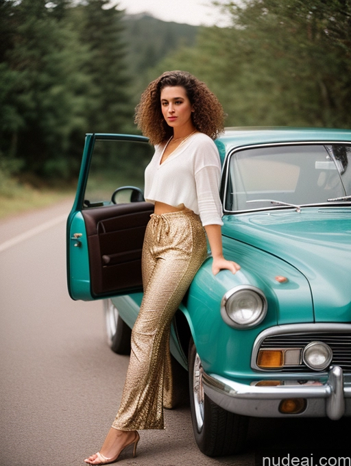 related ai porn images free for Woman Big Hips 20s Serious Brunette Curly Hair Hungarian Vintage Bright Lighting Detailed Car Harem Pants Casual Side View