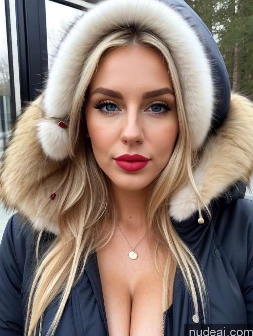 ai nude image of a close up of a woman wearing a jacket and a fur hood pics of Busty Lipstick Long Legs Pubic Hair 20s Pouting Lips Blonde Long Hair Scandinavian Parka