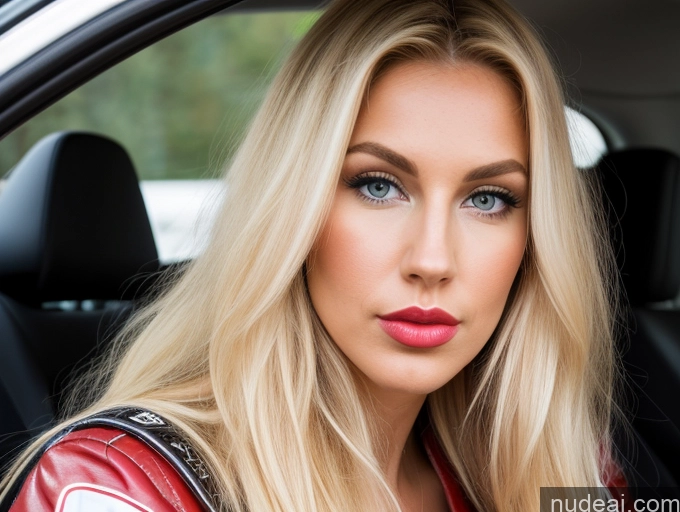 ai nude image of blond woman with blue eyes and red leather jacket sitting in a car pics of Busty Lipstick Long Legs Pubic Hair 20s Pouting Lips Blonde Long Hair Scandinavian Race Driver