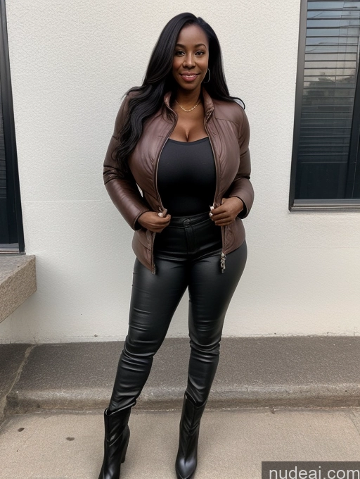 ai nude image of a woman in black leather pants and a brown jacket pics of Perfect Boobs Beautiful Skinny Perfect Body Dark Skin Long Hair Nigerian Soft + Warm Front View Boots Jacket Leather Teacher Huge Boobs 50s