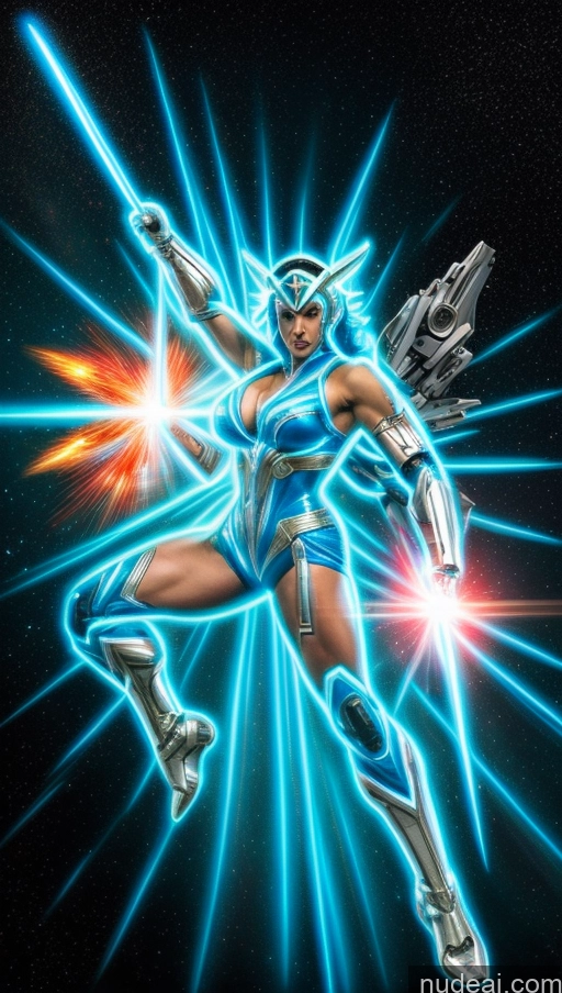 ai nude image of a close up of a woman in a blue outfit holding a gun pics of Several Israel Superhero Bodybuilder Abs Perfect Boobs Powering Up Science Fiction Style Dynamic View SSS: A-Mecha Musume A素体机娘 Neon Lights Clothes: Blue