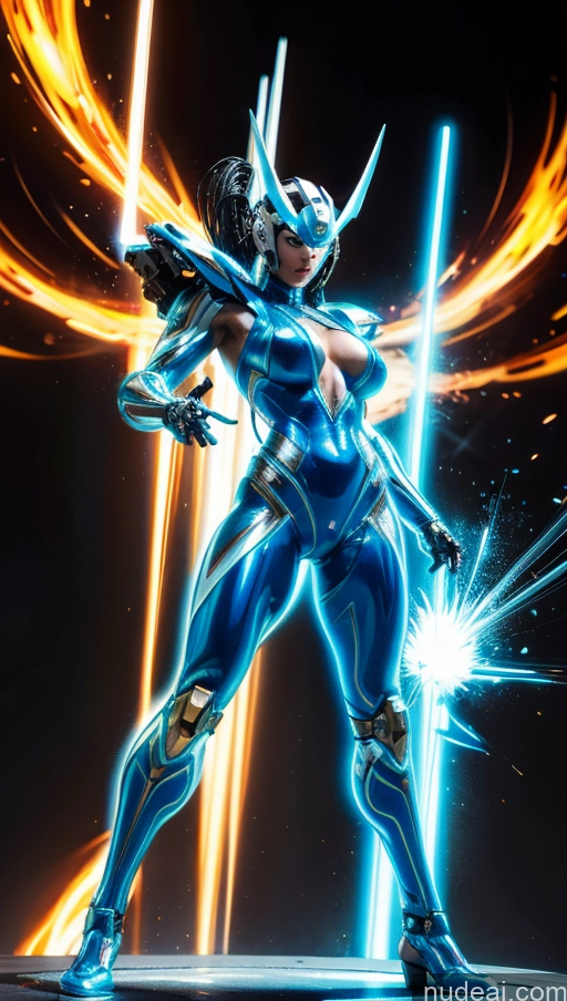 ai nude image of a close up of a person in a blue suit with a sword pics of Several Israel Superhero Bodybuilder Abs Perfect Boobs Powering Up Science Fiction Style Dynamic View SSS: A-Mecha Musume A素体机娘 Neon Lights Clothes: Blue